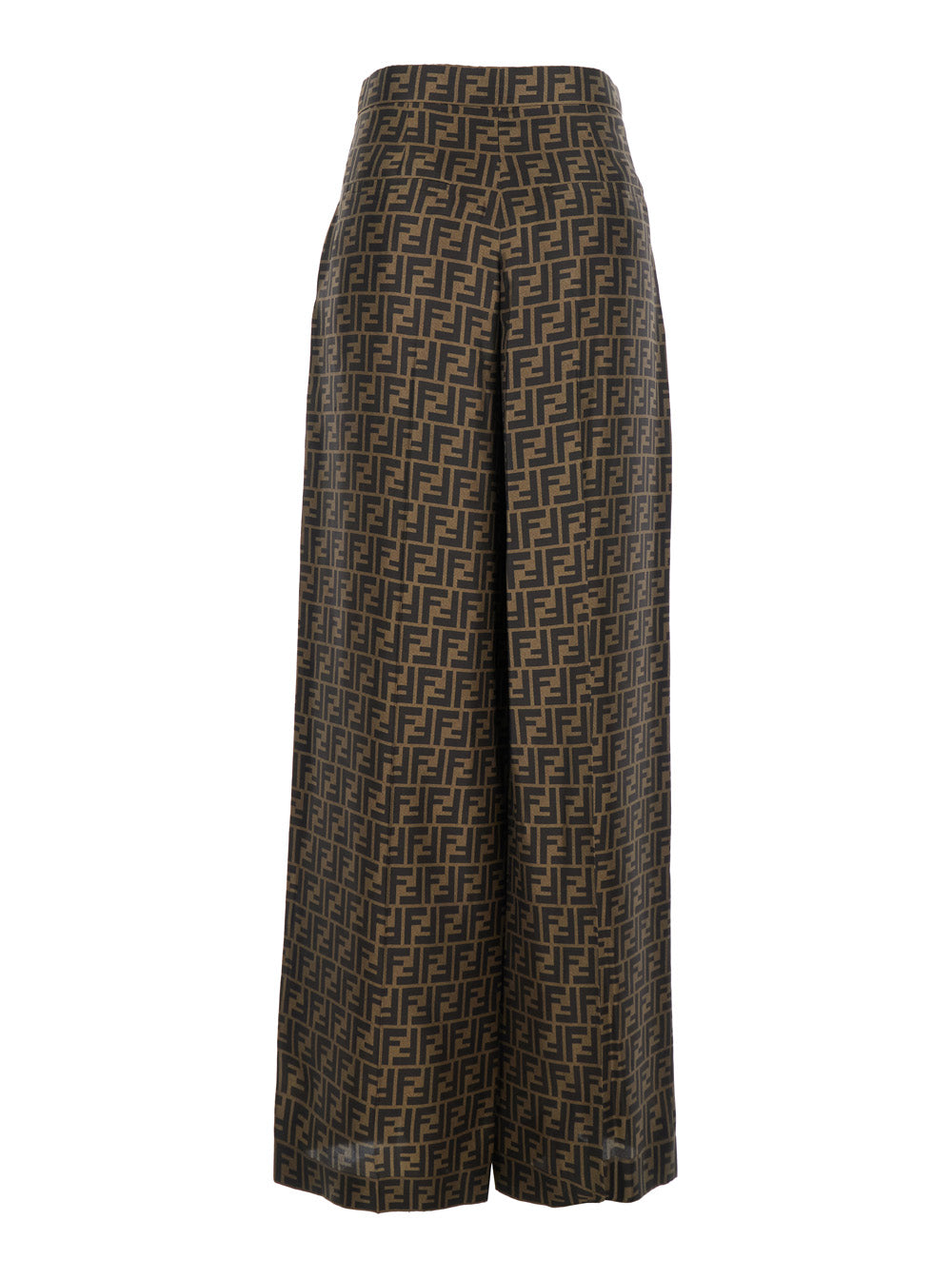 Brown Wide Leg Pants With Ff All-Over Motif Silk Woman Trousers