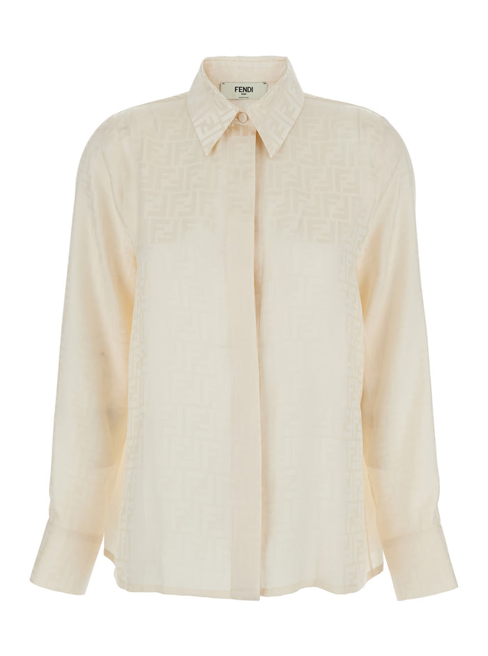 White Shirt With Pointed Collar And Ff Motif Silk Women Blouses
