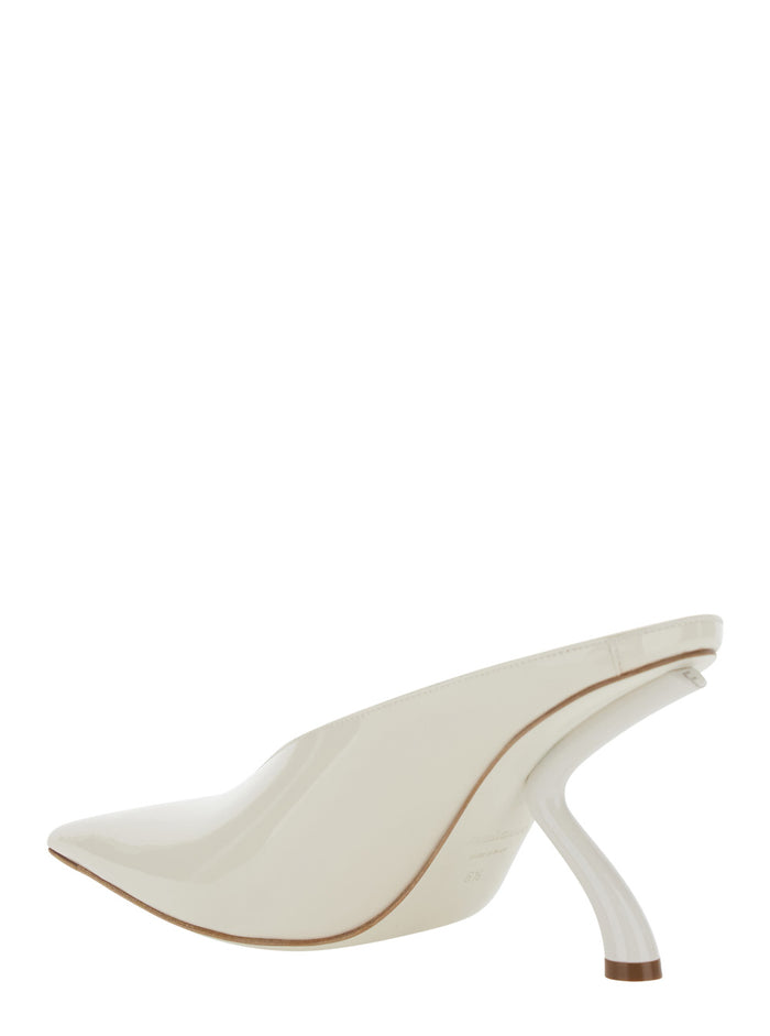 White Mules with Sculptural Heel and V-Neck In Leather for Women Calf Heels