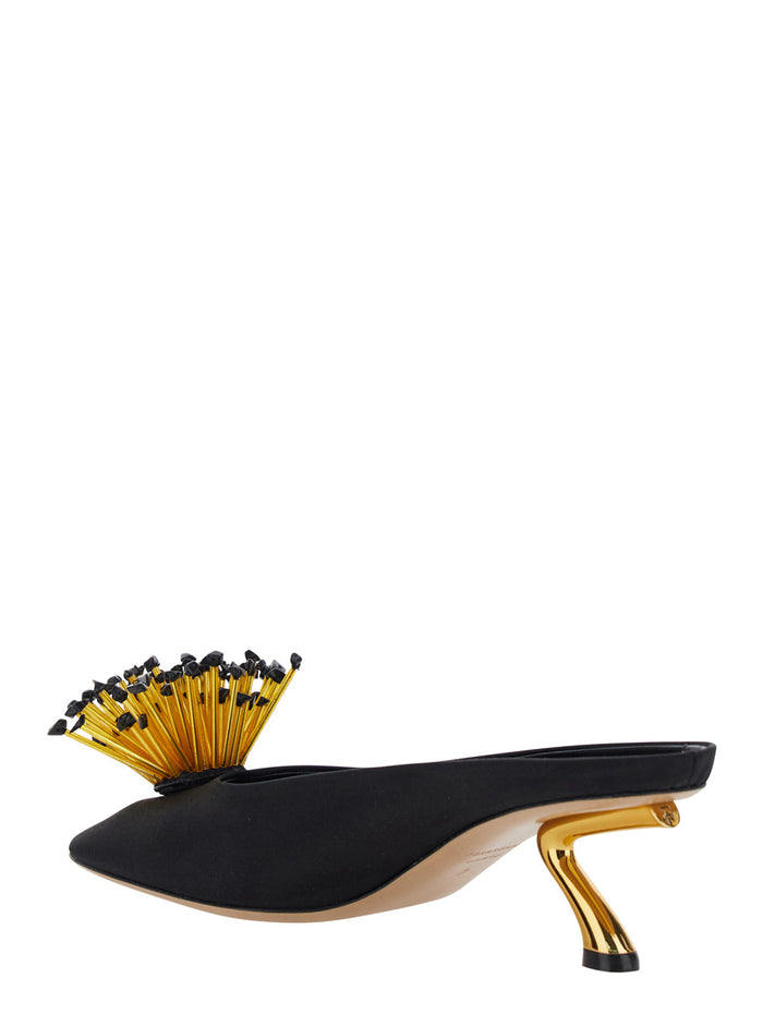Black Heeled Sandals with Crystal Decoration on the Front in Fabric for Women Heels