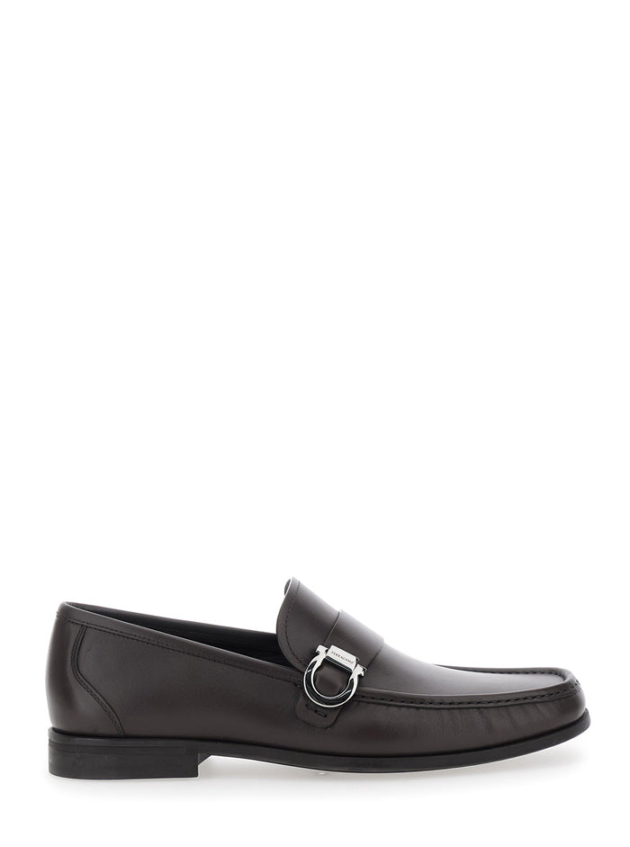 Brown Loafers with Gancini Detail on the Side in Leather Man Calf