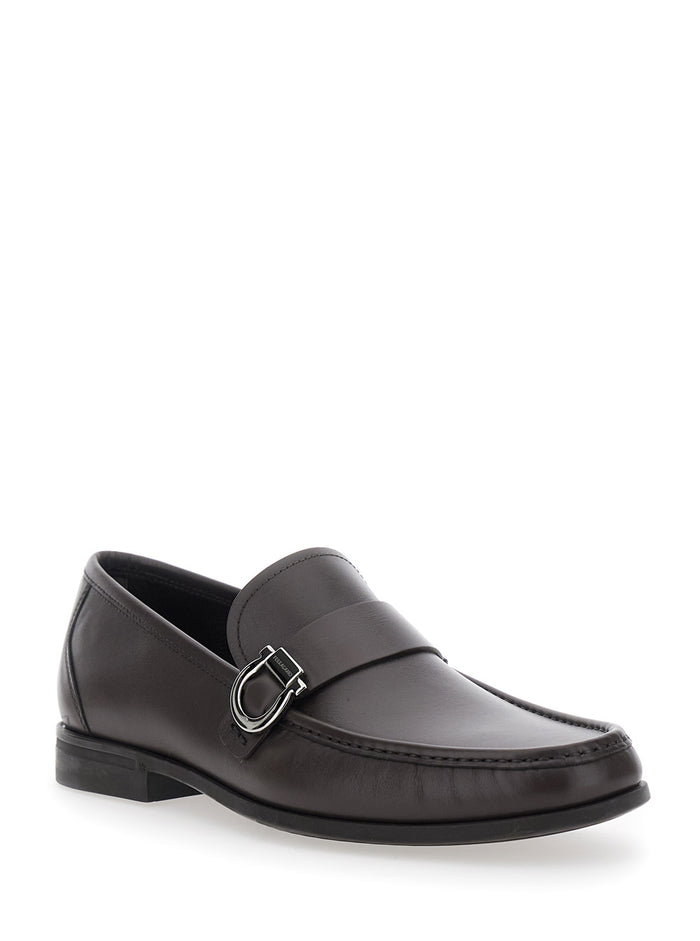 Brown Loafers with Gancini Detail on the Side in Leather Man Calf
