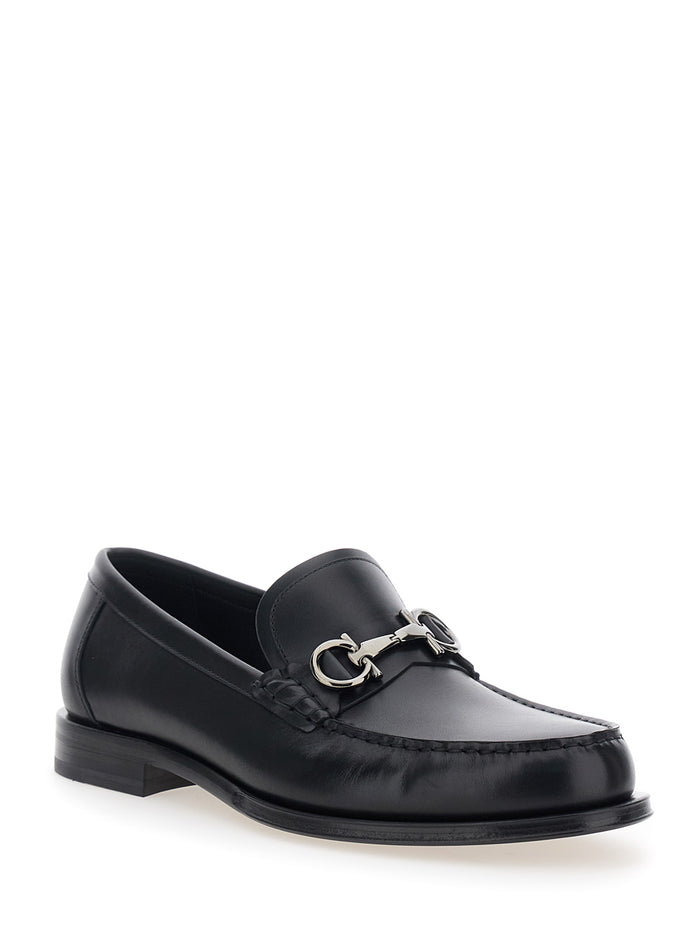 Black Loafers with Gancini Metal Detail on the Front in Leather Man Calf