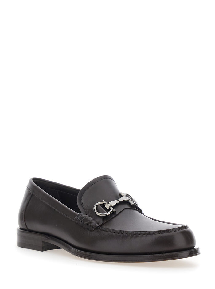 Brown Loafers with Metallic Gancini Detail on the Front in Leather Man Calf