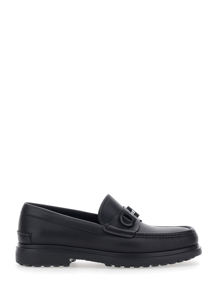 Black Loafers Tobia with Metallic Gancini Detail on the Front and Raised Leather Sole Men Calf