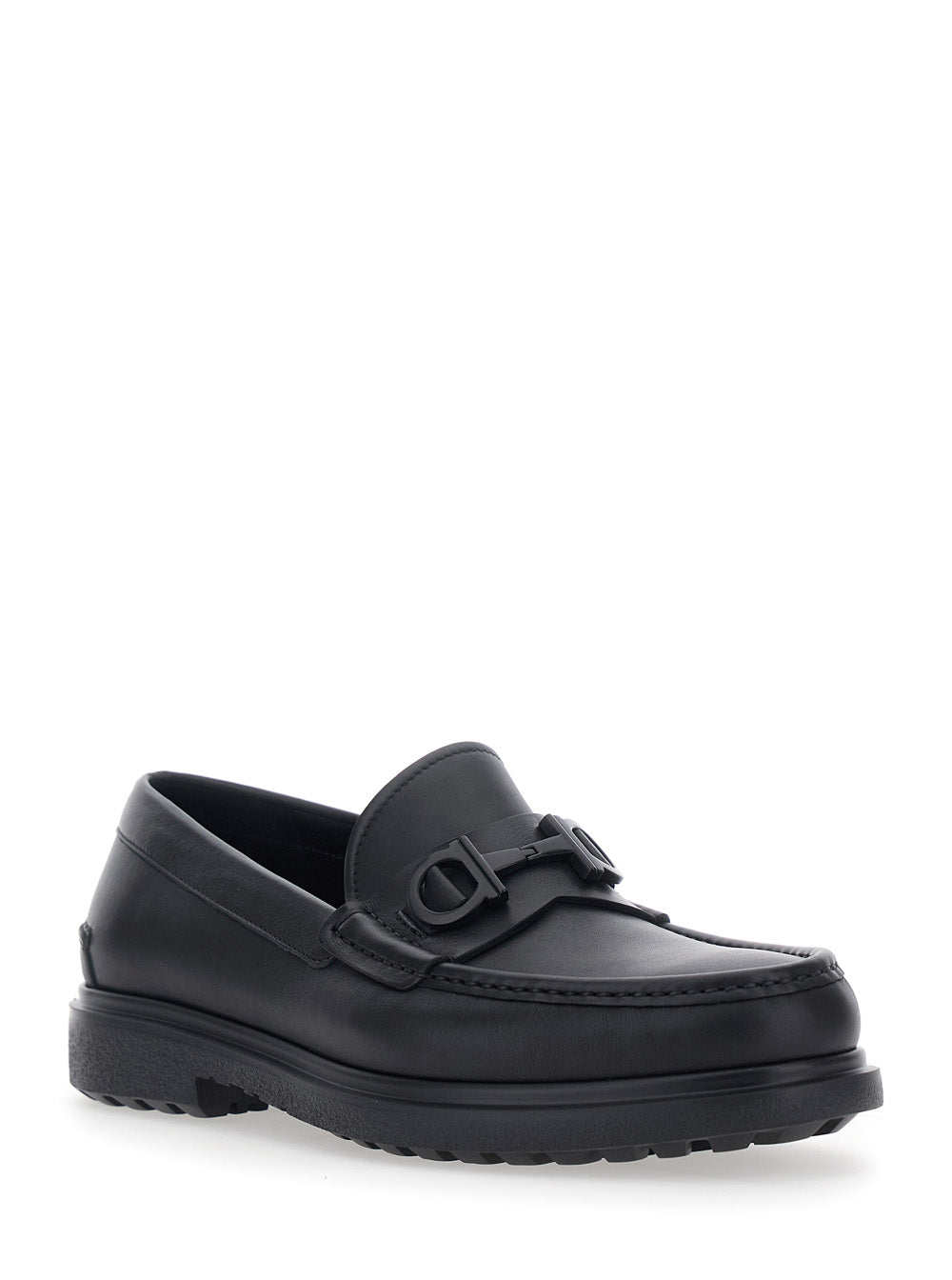 Black Loafers Tobia with Metallic Gancini Detail on the Front and Raised Leather Sole Men Calf