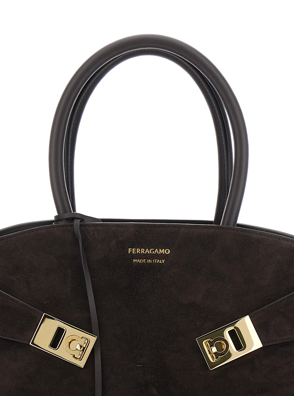 Hug Small Brown Handbag with Logo and Gancini Buckle in Suede Woman Goat Calf Hand Bags