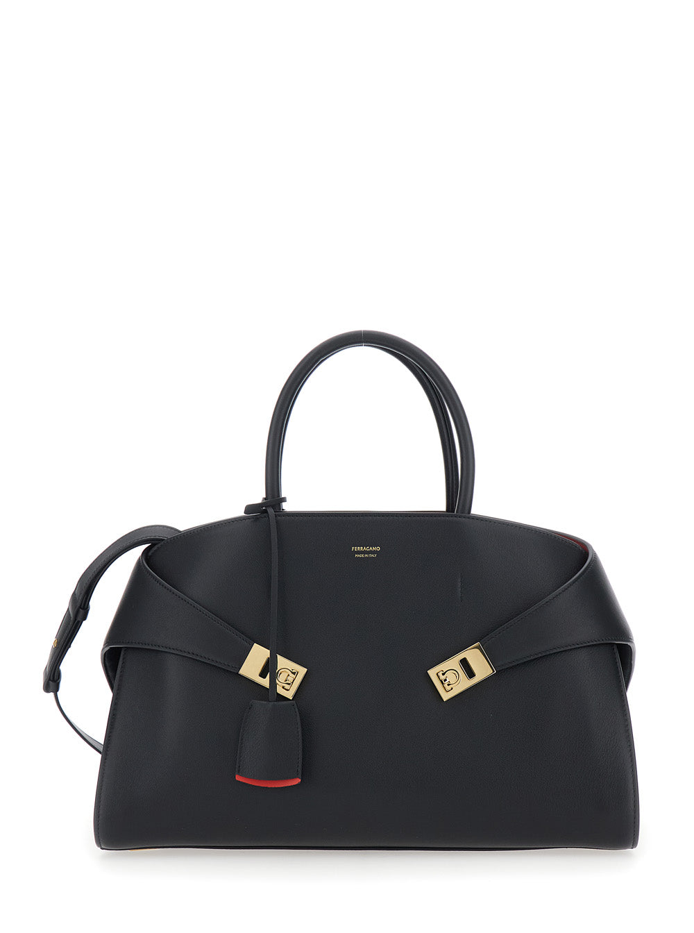 Hug Black Handbag with Logo on the Front and Gancini Buckles in Leather Woman Calf Hand Bags