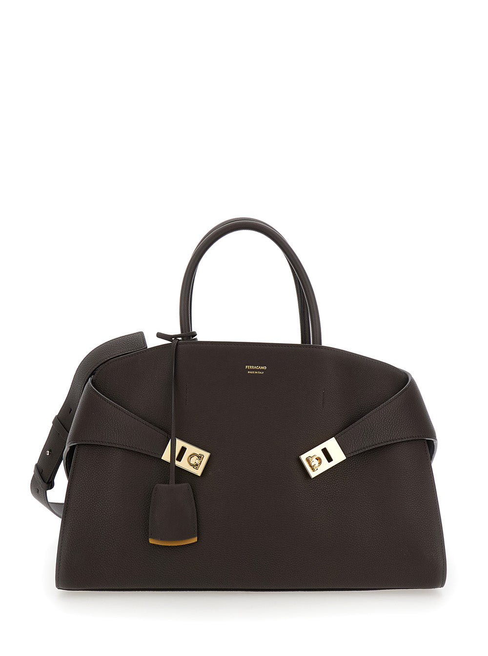 Brown Handbag Hug Bicolor with Logo and Gancini Buckles in Leather for Women Calf Hand Bags