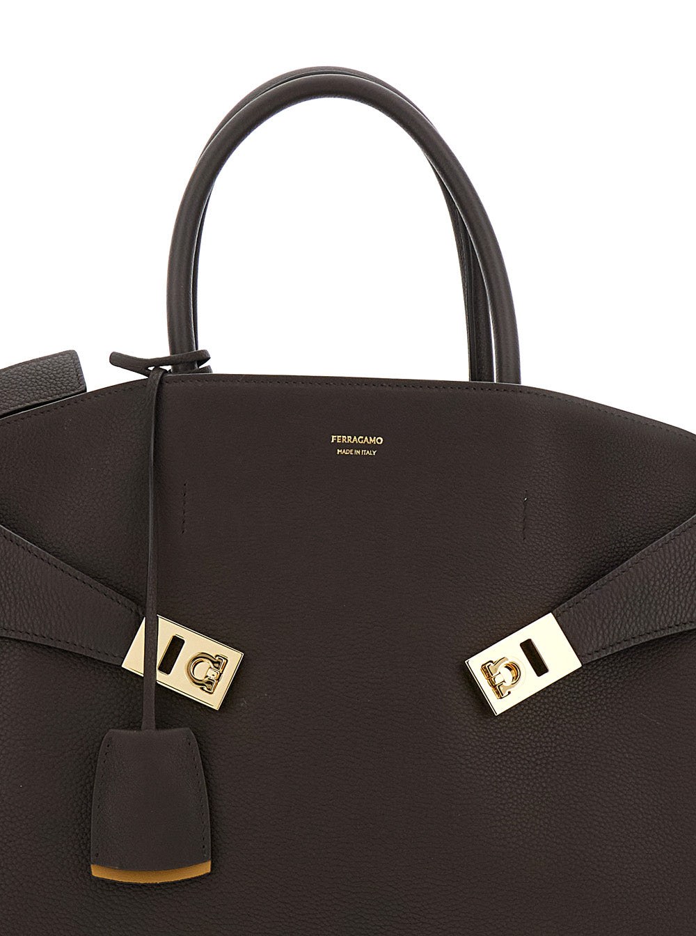 Brown Handbag Hug Bicolor with Logo and Gancini Buckles in Leather for Women Calf Hand Bags