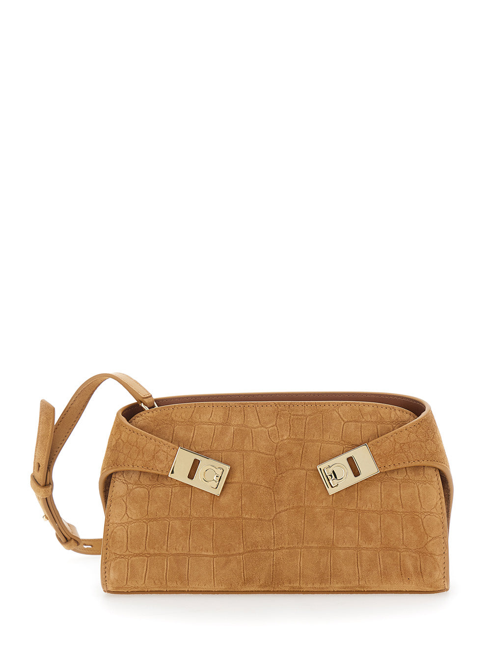 Beige Crossbody bag Hug with Gancini buckle in Suede Women Goat