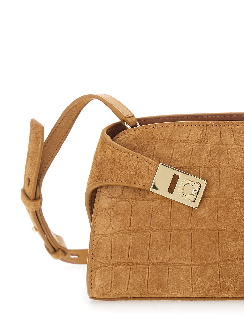 Beige Crossbody bag Hug with Gancini buckle in Suede Women Goat