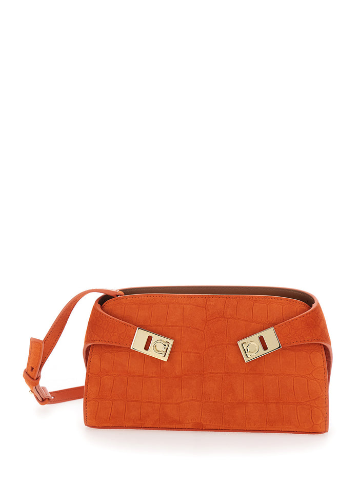 Hug Shoulder Bag with Gancini Buckles in Orange Suede for Women Goat Crossbody
