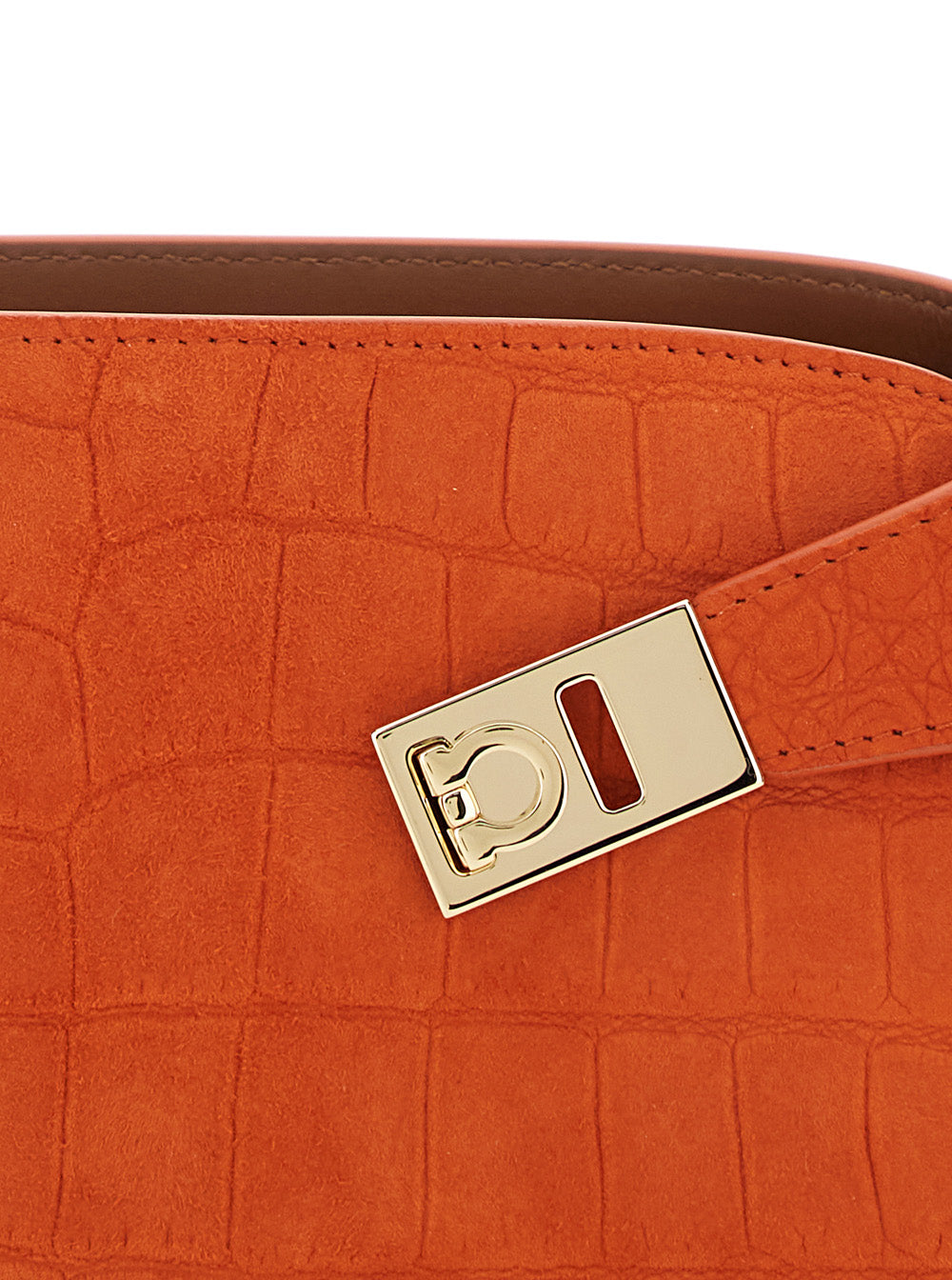 Hug Shoulder Bag with Gancini Buckles in Orange Suede for Women Goat Crossbody