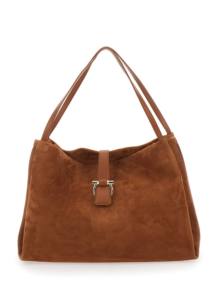 New Line Grande Brown Shoulder Bag with Two Flat Handles and Gancini Detail on the Front in Suede Woman Goat Calf