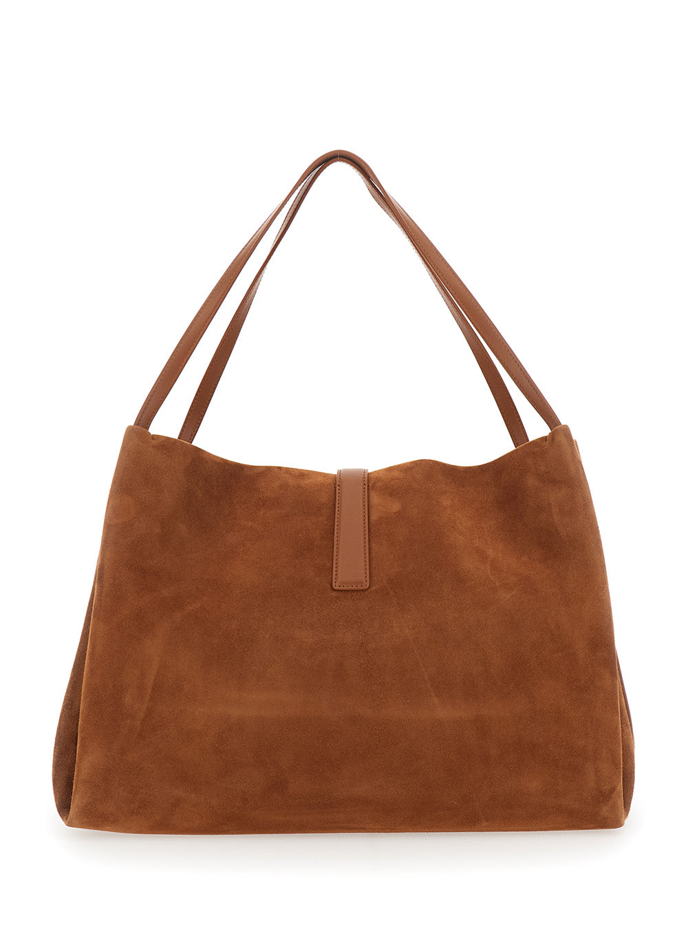 New Line Grande Brown Shoulder Bag with Two Flat Handles and Gancini Detail on the Front in Suede Woman Goat Calf