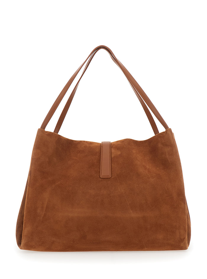 New Line Grande Brown Shoulder Bag with Two Flat Handles and Gancini Detail on the Front in Suede Woman Goat Calf