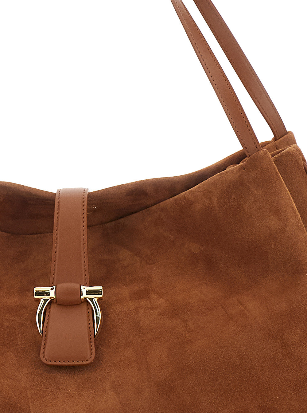 New Line Grande Brown Shoulder Bag with Two Flat Handles and Gancini Detail on the Front in Suede Woman Goat Calf