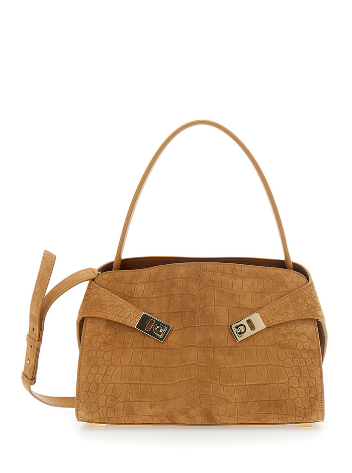 Beige Ginevra Shoulder Bag with Adjustable Strap and Crocodile-Embossed Effect in Suede for Women Goat