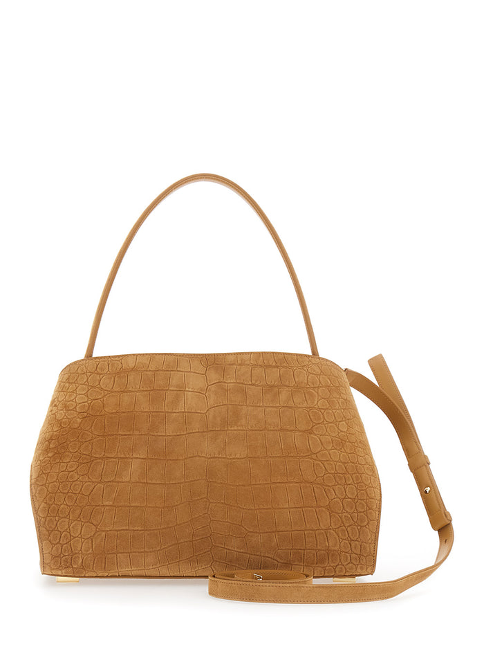 Beige Ginevra Shoulder Bag with Adjustable Strap and Crocodile-Embossed Effect in Suede for Women Goat