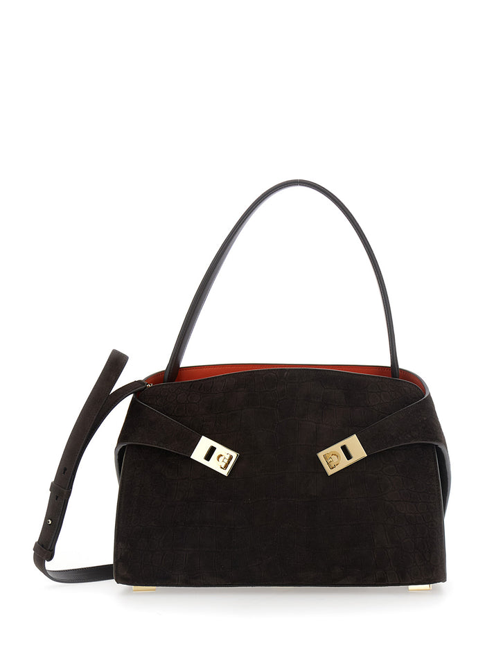Crossbody bag Hug Croco with Adjustable Strap and Crocodile-embossed Leather Effect in Brown Suede for Women Goat Shoulder