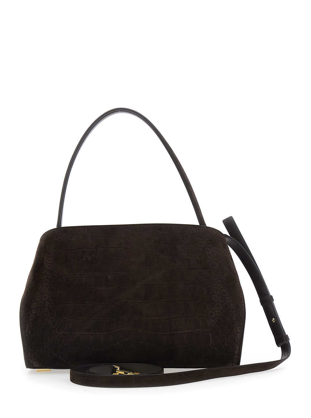 Crossbody bag Hug Croco with Adjustable Strap and Crocodile-embossed Leather Effect in Brown Suede for Women Goat Shoulder