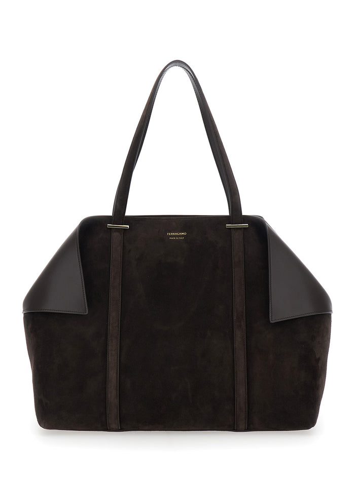 Brown Tote bag with Folded Corners and Logo Lettering Embossed on the Front in Suede Woman Goat Calf