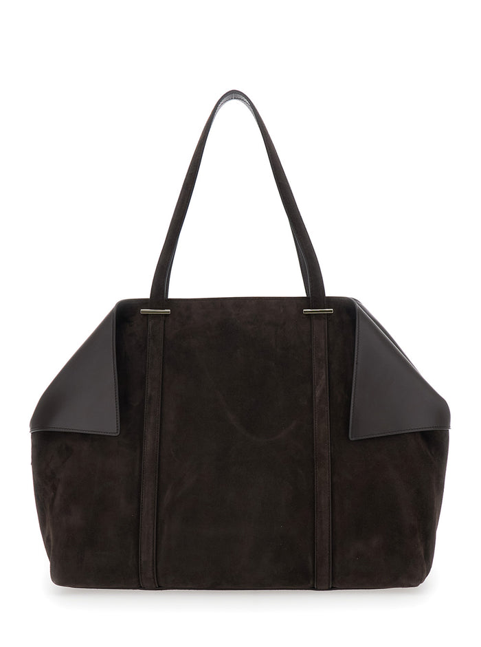 Brown Tote bag with Folded Corners and Logo Lettering Embossed on the Front in Suede Woman Goat Calf