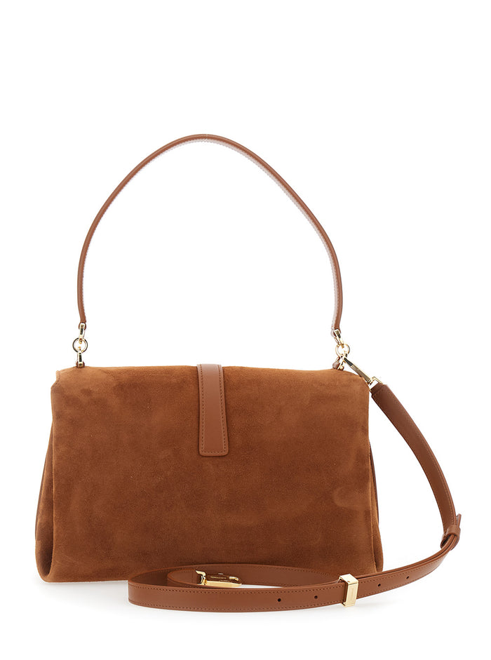 Brown Crossbody bag with Adjustable and Removable Strap Closure Gancini Plaque in Suede for Women Goat Calf