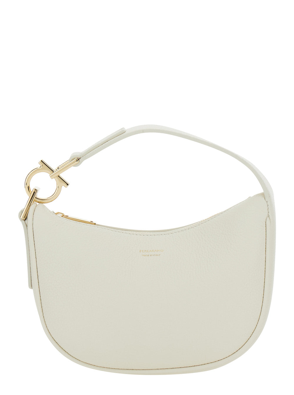 White Handbag with Top Handle Gancini and Embossed Logo Lettering on the Front in Grained Leather Woman Calf Hand Bags