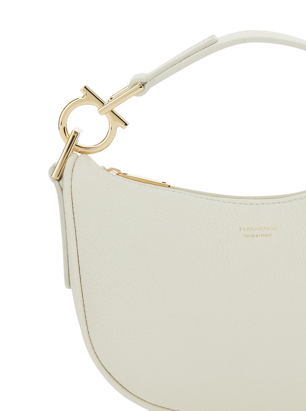 White Handbag with Top Handle Gancini and Embossed Logo Lettering on the Front in Grained Leather Woman Calf Hand Bags