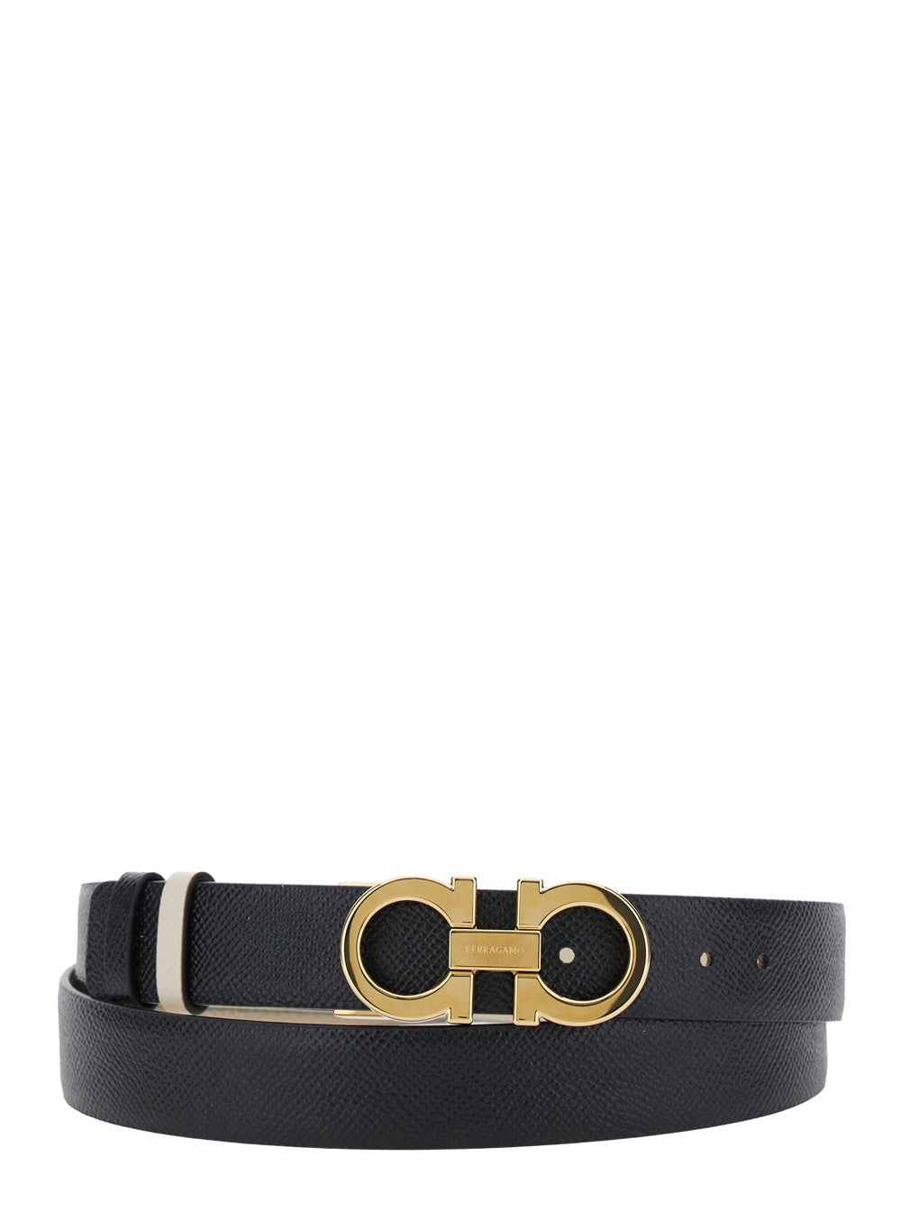 White Belt with Gancini Buckle and Logo Lettering in Leather for Women Calf