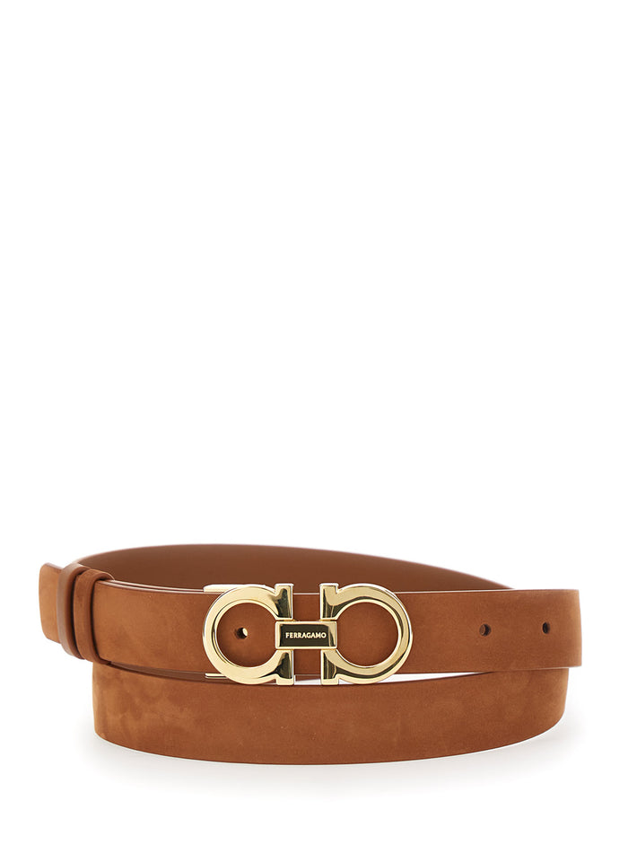Brown Belt with Gancini Buckle on the Front in Suede Woman Calf