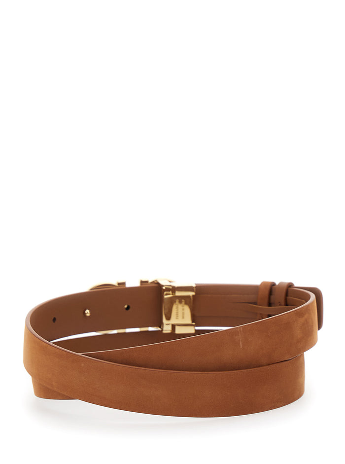 Brown Belt with Gancini Buckle on the Front in Suede Woman Calf