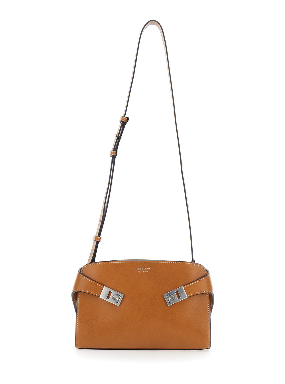 Messenger Hug Brown Crossbody bag with Lettering Logo and Gancini Buckles in Leather Man Lamb