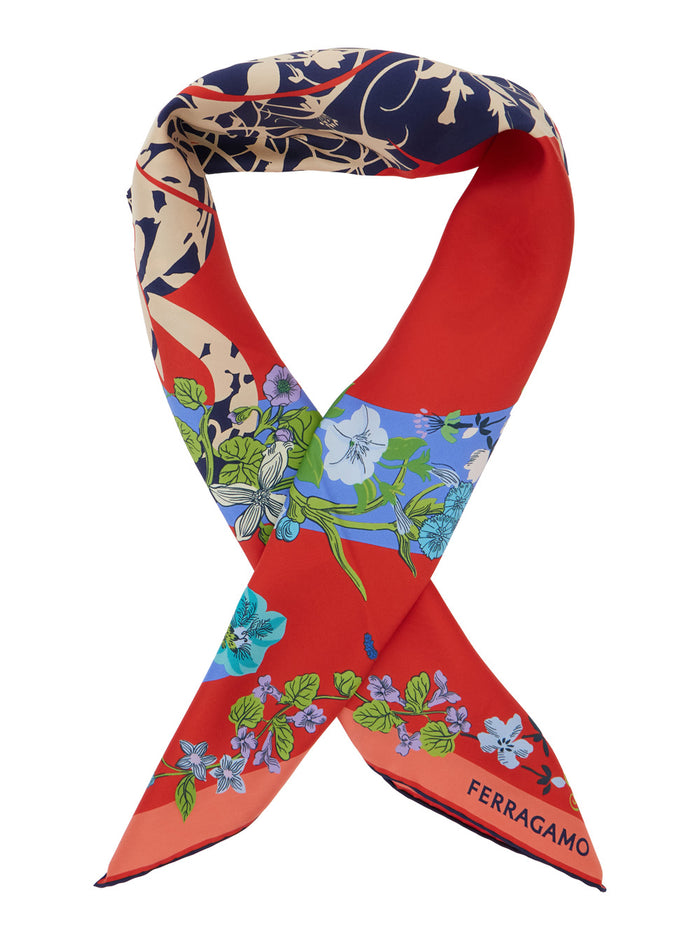 Red Scarf with Floral Print Motif and Lettering Logo in Silk Woman Scarfs Foulards