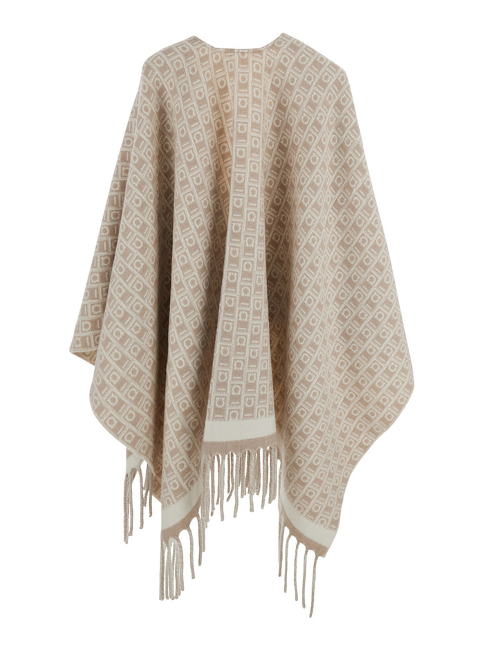 Beige Cape with Frayed Hem and All-Over Gancini Embroidery in Wool for Women Outerwear