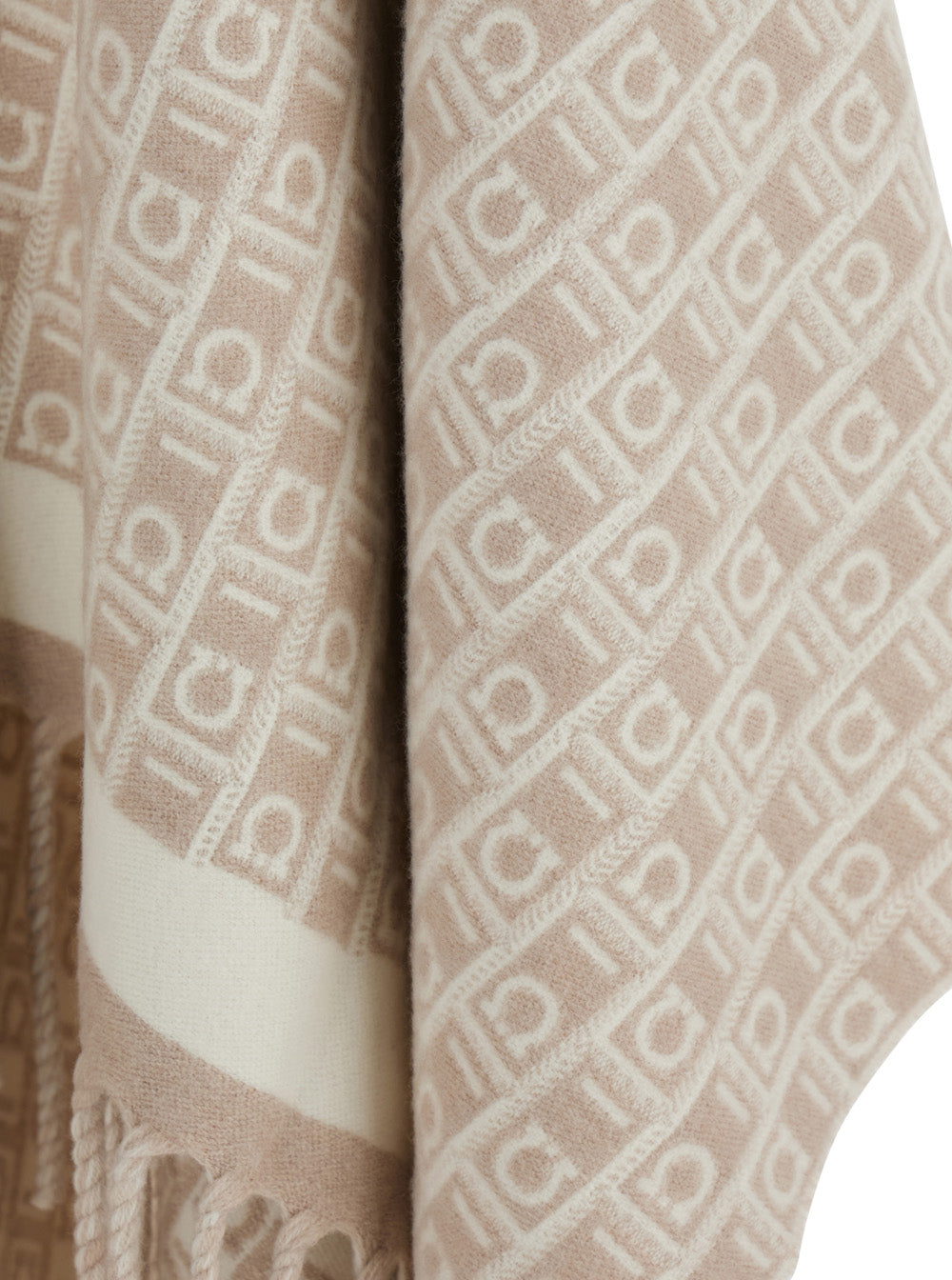 Beige Cape with Frayed Hem and All-Over Gancini Embroidery in Wool for Women Outerwear