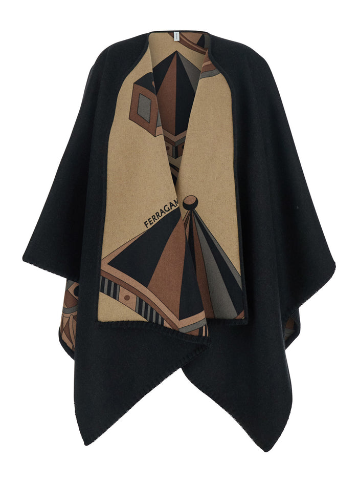 Black Reversible Cape with Nadir Print and Logo Lettering on the Front in Cashmere Wool for Women Outerwear