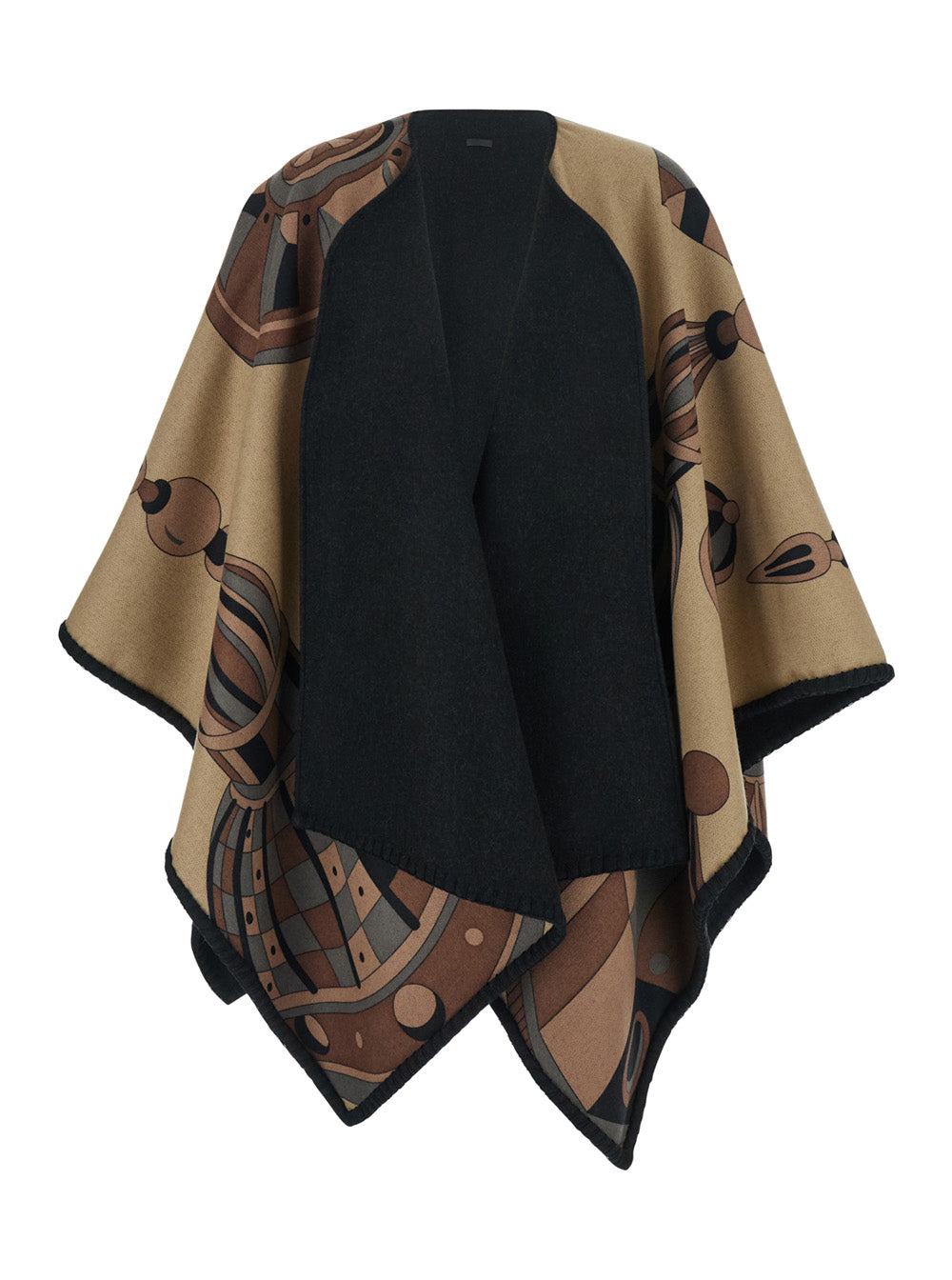 Black Reversible Cape with Nadir Print and Logo Lettering on the Front in Cashmere Wool for Women Outerwear