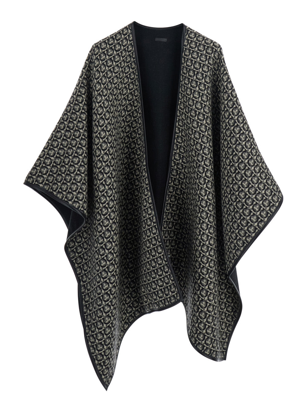 Black Reversible Cape with All-Over Ganicini Motif in Wool Woman Calf Outerwear