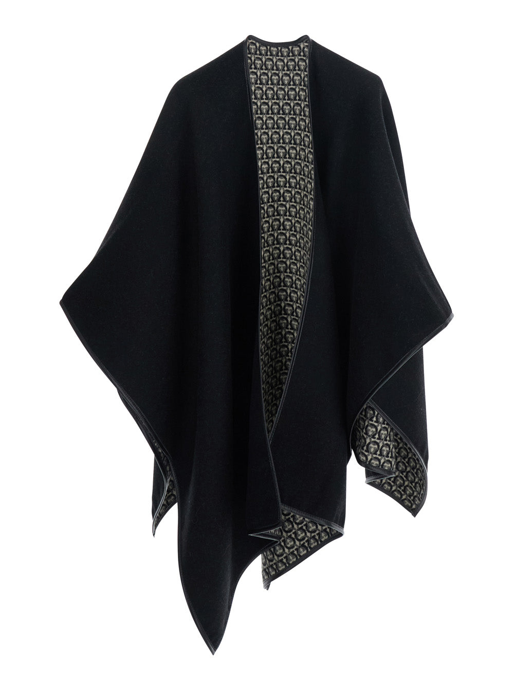Black Reversible Cape with All-Over Ganicini Motif in Wool Woman Calf Outerwear
