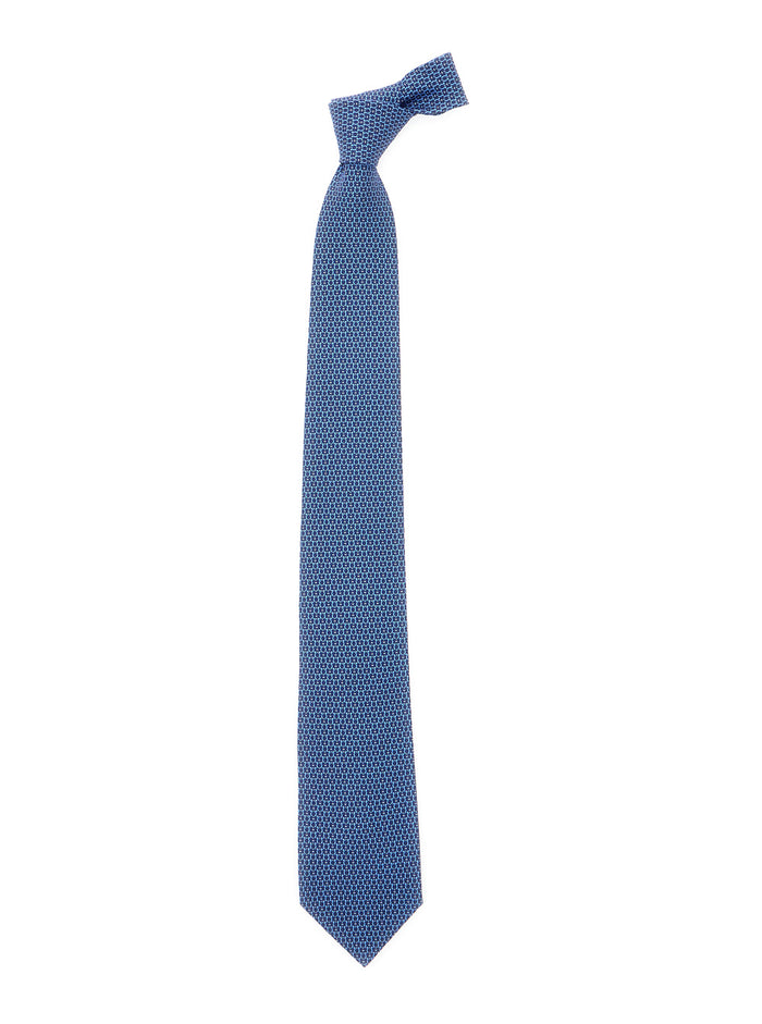 Blue Silk Tie with Knot Closure on the Back and All-Over Gancini Print Man Blu Papillon Ties