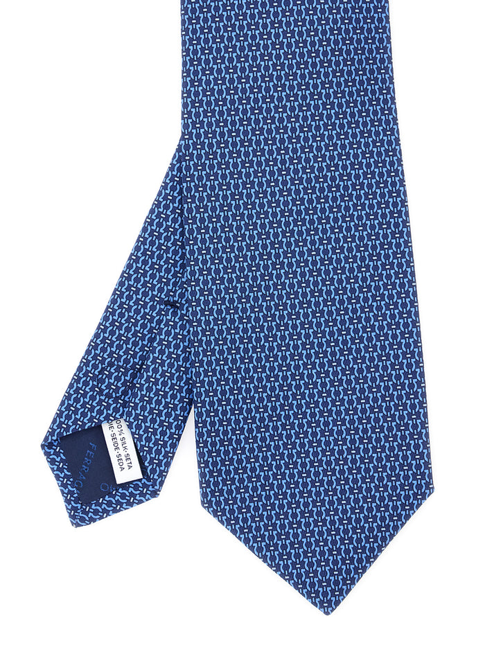 Blue Silk Tie with Knot Closure on the Back and All-Over Gancini Print Man Blu Papillon Ties