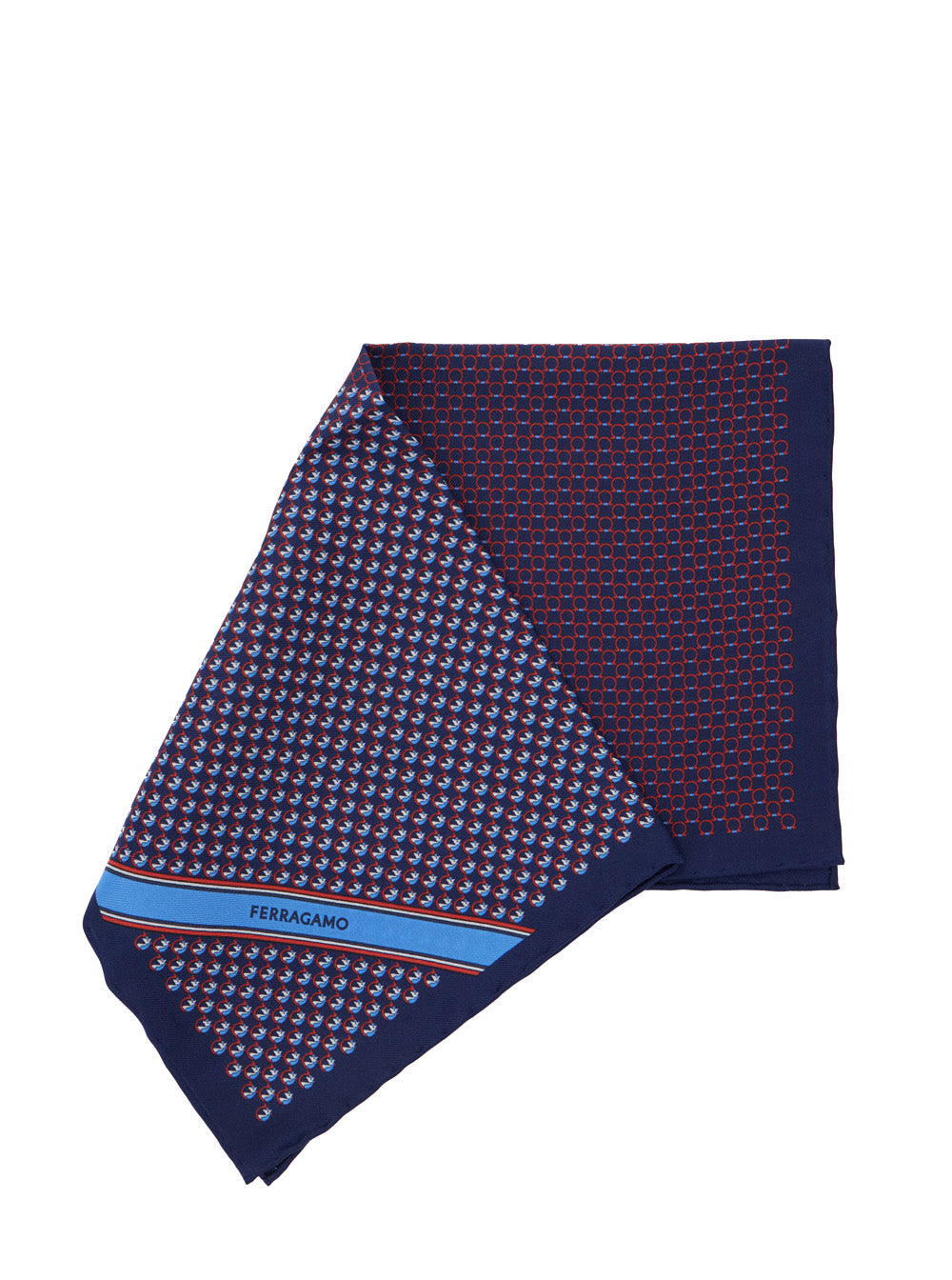 Blue Pocket Square with Gancini Print and Lettering Logo in Silk Man Blu Papillon Ties