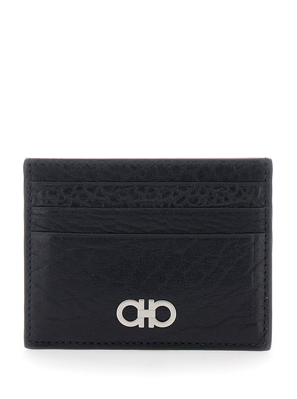 Cardholder With Gancini Plaque, Black Leather Calfskin Accessory