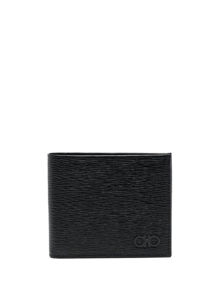 Revival Black Bifold Wallet with Tone-on-Tone Gancini Plaque in Grained Leather Man Calf Products