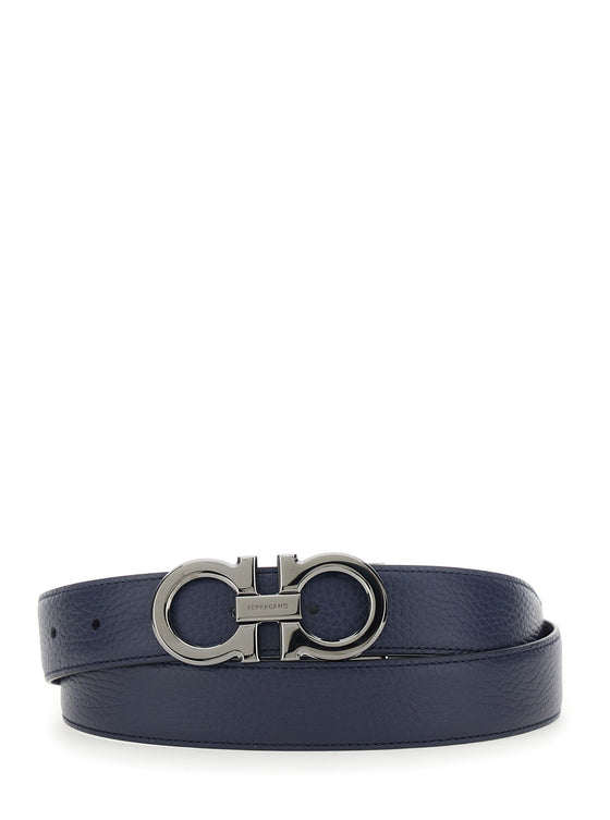 Blue Reversible Belt with Gancini Buckle in Grained Leather Man Blu Calf