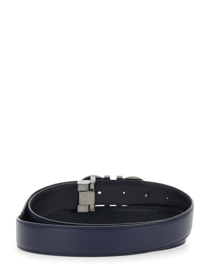Blue Reversible Belt with Gancini Buckle in Grained Leather Man Blu Calf