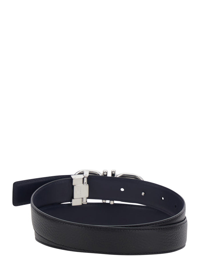 Blue Belt with Double Gancini Buckle in Leather for Women Blu